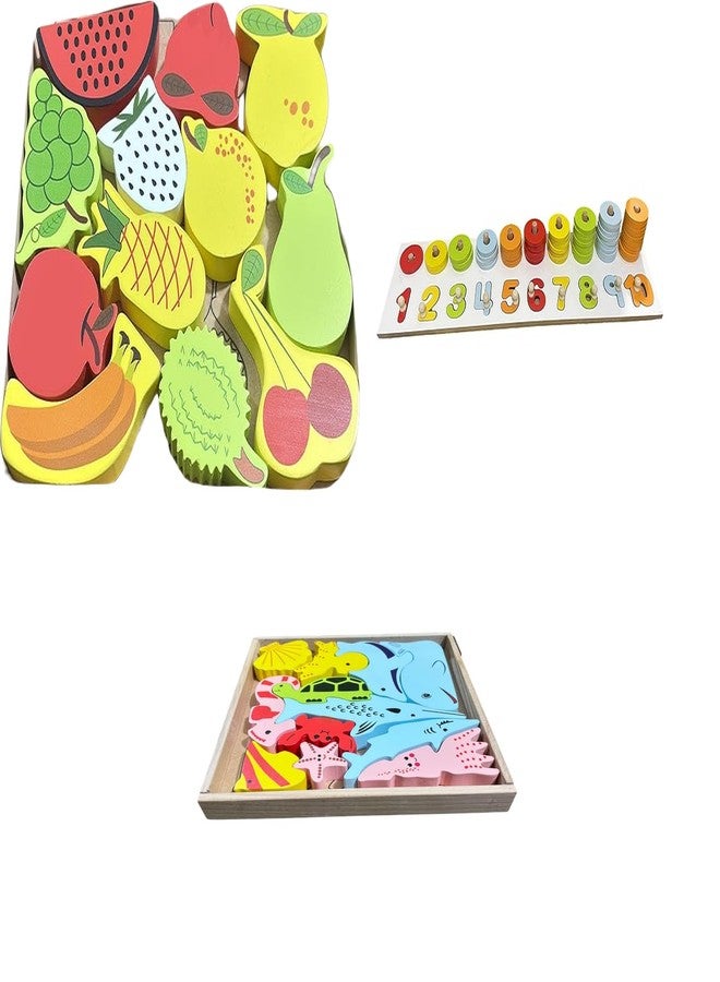 Kinder Creative 3D Fruits Stacking Puzzle,Peg Number Ring Counting Set,3D Sea Animals Stacking Puzzle, Educational Puzzle and Toys for Kids Pack of 3 - Image 1
